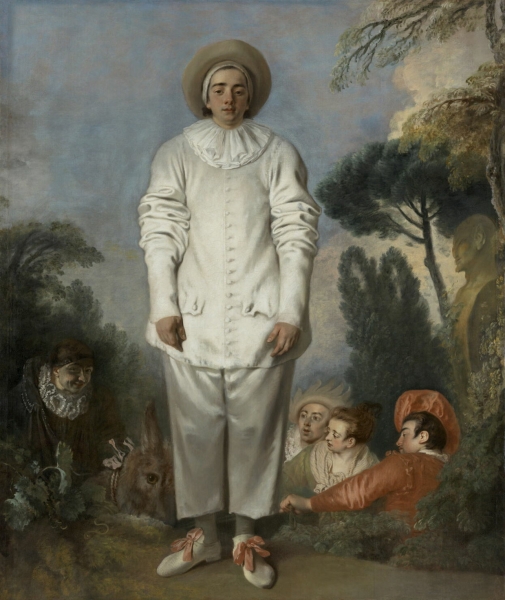 Tableau de Watteau intitulé Pierrot. Il représente un Pierrot en costume blanc, en pieds, avec en arrière-plan des personnages assis.