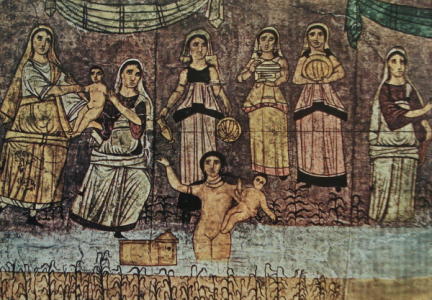 Moïse sauvé des eaux. Peinture de la synagogue de Doura-Europos (DR)