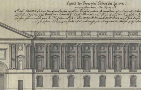 Christian Friedrich Gottlieb von dem Knesebeck, La façade orientale du palais du Louvre, dans: id., Journal d’un voyage en France, v. 1699, manuscrit, Rostock, Universitätsbibliothek, détail de la p. 21.