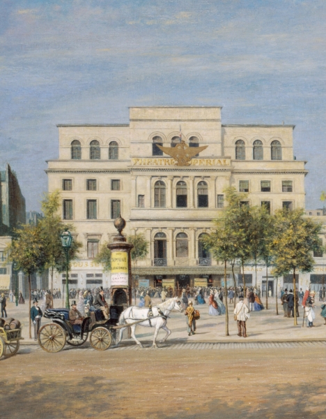 Vue du boulevard du Temple par le peintre Martial Potemont en 1862. On voit sur l'image la foule sur le trottoir et une colonne Morris, avec en fond un batiment à facade blanche