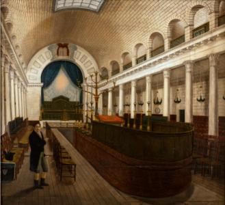 Jean Lubin Vauzelle, Intérieur de la synagogue de Bordeaux avec son architecte Arnaud Corcelles, après 1812 © mahJ. Photographie Christophe Fouin