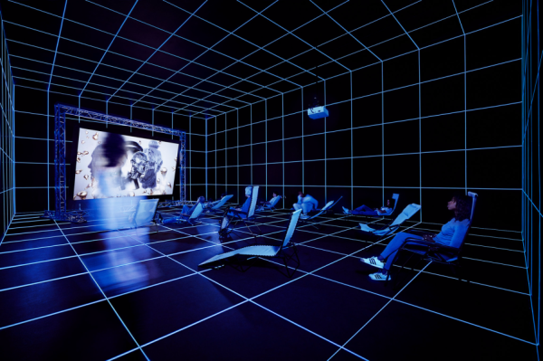 Installation view of Hito Steyerl's artwork "Factory of the sun"